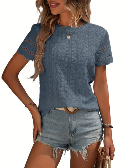 Women's Casual Eyelet Embroidery T-Shirt, Scallop Trim Tee,